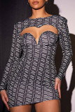 Black Sexy Print Hollowed Out Patchwork O Neck Pencil Skirt Dresses