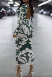 Green Sexy Print Backless O Neck Pencil Skirt Dresses