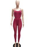 Burgundy Sexy Solid Split Joint See-through Spaghetti Strap Sleeveless Two Pieces