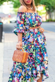 Blue Casual Print Patchwork Off the Shoulder Half Sleeve Two Pieces