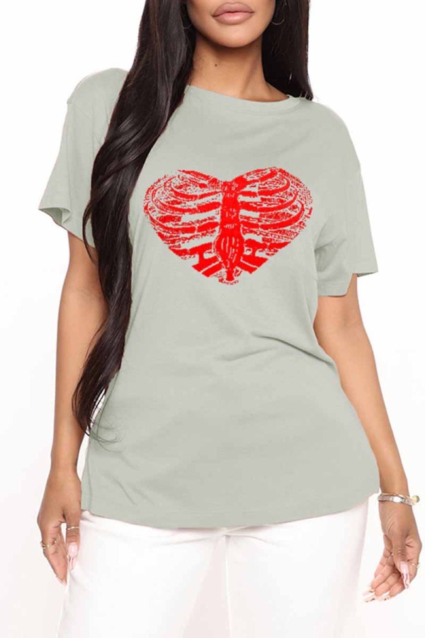 Grey Fashion Casual Print Basic O Neck T-Shirts