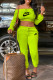 Fluorescent Green Fashion Sexy Print Letter Off the Shoulder Long Sleeve Two Pieces