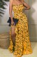Yellow Sexy Casual Print Backless Slit Spaghetti Strap Long Dress