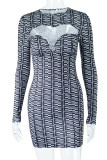 Black Sexy Print Hollowed Out Patchwork O Neck Pencil Skirt Dresses