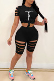 Black Sexy Print Hollowed Out Split Joint Short Sleeve Two Pieces