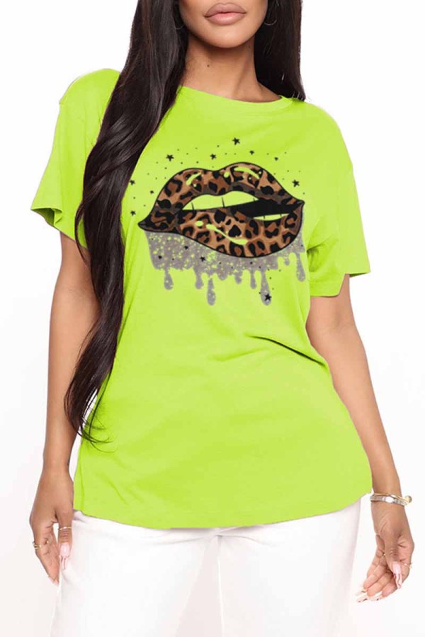 Fruit Green Fashion Casual Lips Printed Basic O Neck T-Shirts