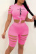 Pink Sexy Print Hollowed Out Split Joint Short Sleeve Two Pieces