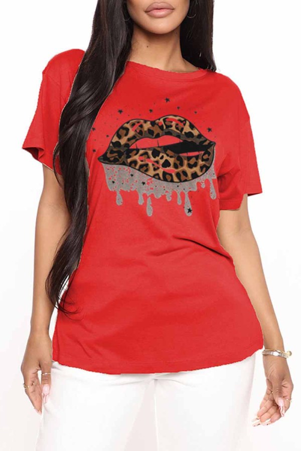 Red Fashion Casual Lips Printed Basic O Neck T-Shirts