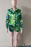 Green Fashion Print Patchwork Turndown Collar Long Sleeve Two Pieces