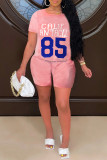 Pink Fashion Casual Print Basic O Neck Short Sleeve Two Pieces