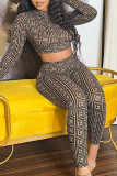 Black Fashion Street Print Patchwork O Neck Long Sleeve Two Pieces