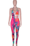 Rose Red Sexy Print Bandage Hollowed Out Patchwork Backless Asymmetrical Halter Regular Jumpsuits