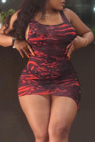 Red Sexy Print Patchwork Asymmetrical U Neck Dresses