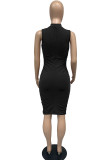 Black Sexy Solid Split Joint Fold O Neck Pencil Skirt Dresses