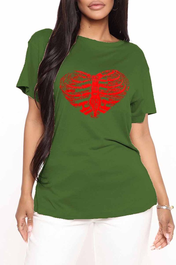 Army Green Fashion Casual Print Basic O Neck T-Shirts