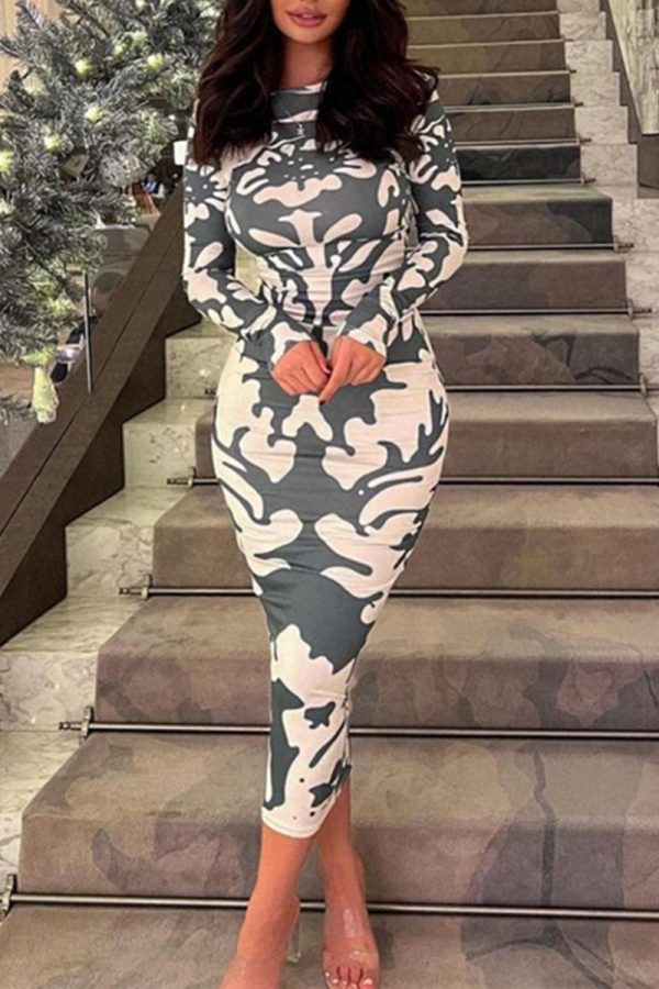 Green Sexy Print Backless O Neck Pencil Skirt Dresses