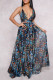 Blue Black Fashion Casual Print Backless V Neck Sling Dress
