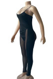Black Sexy Solid Patchwork See-through Spaghetti Strap Regular Jumpsuits