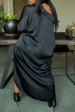 Black Fashion Casual Solid Asymmetrical Turndown Collar Shirt Dress