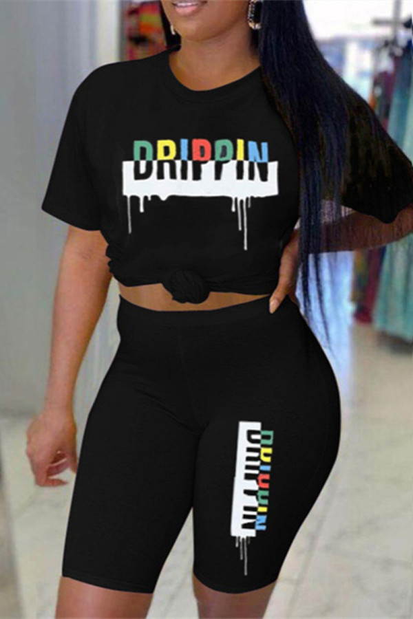 Black Fashion Casual Print Basic O Neck Short Sleeve Two Pieces
