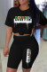 Black Fashion Casual Print Basic O Neck Short Sleeve Two Pieces