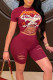 Deep Red Sexy Street Print Hollowed Out Patchwork O Neck Short Sleeve Two Pieces