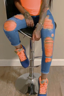 Orange Blue Green Orange Grass Green Denim Zipper Fly High Hole washing pencil Pants Bottoms