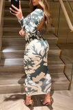 Green Sexy Print Backless O Neck Pencil Skirt Dresses