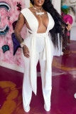 White Sexy Solid Hollowed Out Patchwork Asymmetrical Asymmetrical Collar Sleeveless Two Pieces