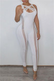 White Fashion Sexy Solid Hollowed Out Patchwork See-through V Neck Skinny Jumpsuits