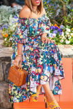 Blue Casual Print Patchwork Off the Shoulder Half Sleeve Two Pieces