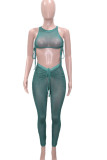 Green Sexy Print Patchwork Draw String Fold O Neck Sleeveless Two Pieces