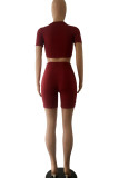 Deep Red Sexy Street Print Hollowed Out Patchwork O Neck Short Sleeve Two Pieces