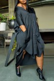 Black Fashion Casual Solid Asymmetrical Turndown Collar Shirt Dress