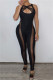 Black Fashion Sexy Solid Hollowed Out Patchwork See-through V Neck Skinny Jumpsuits