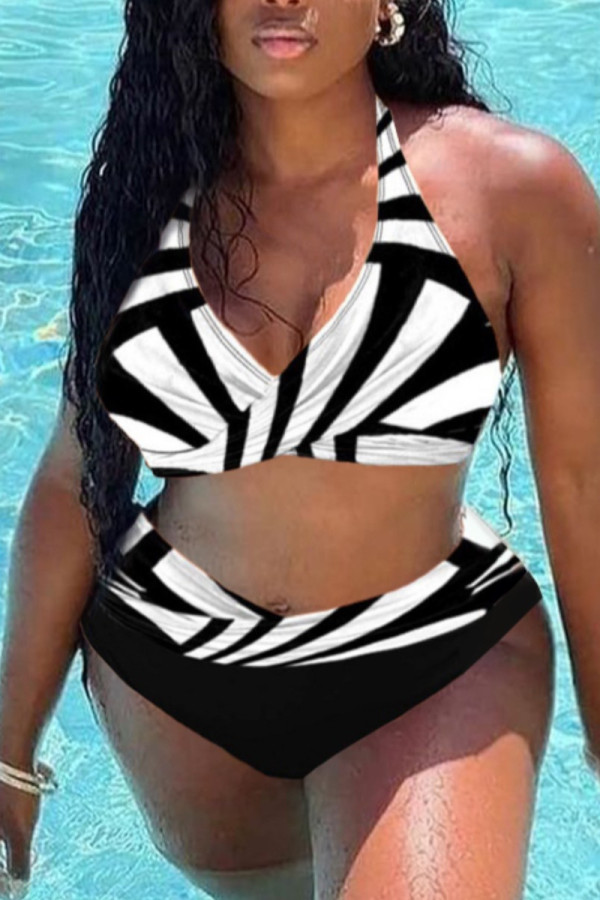 Black White Fashion Sexy Print Bandage Backless Swimwears (With Paddings)