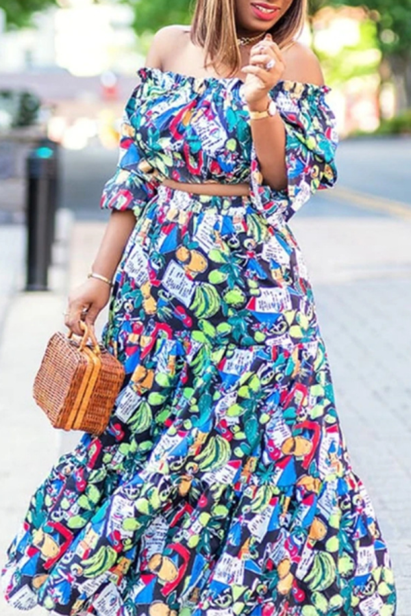 Blue Casual Print Patchwork Off the Shoulder Half Sleeve Two Pieces