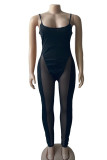 Black Sexy Solid Patchwork See-through Spaghetti Strap Regular Jumpsuits