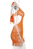 Tangerine Red Sexy Solid Tassel Hollowed Out Patchwork See-through Backless Halter One Step Skirt Dresses