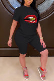 Rose Red Casual Street Print Patchwork O Neck Short Sleeve Two Pieces