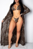Yellow Fashion Sexy Print Leopard Basic Swimwears Three-piece Set (With Paddings)