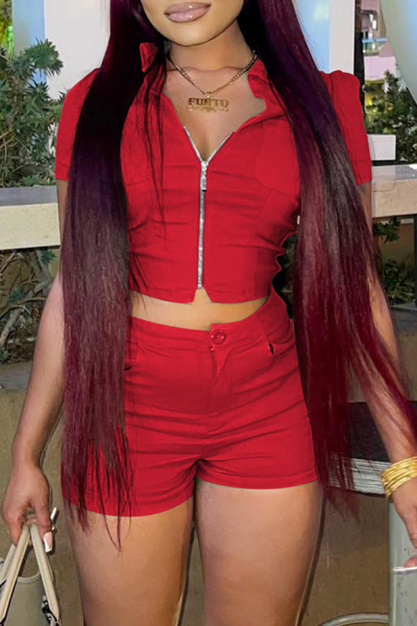 Red Fashion Casual Solid Basic Zipper Collar Short Sleeve Two Pieces