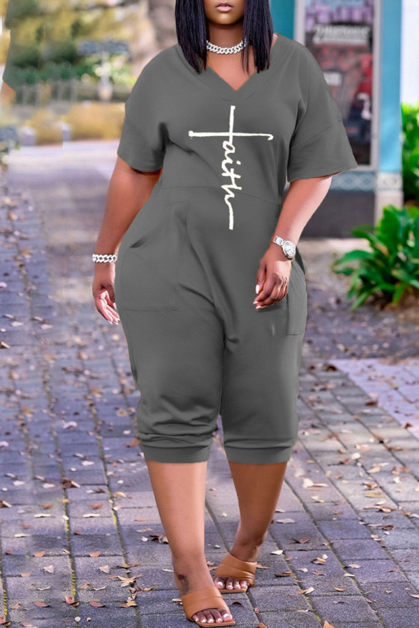 Grey Casual Print Patchwork V Neck Loose Rompers