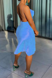 Light Blue Sexy Solid Backless Spaghetti Strap One Step Skirt Dresses