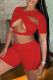 Red Fashion Sexy Solid Hollowed Out Patchwork V Neck Short Sleeve Two Pieces
