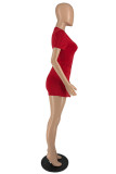 Red Fashion Casual Solid Patchwork O Neck Short Sleeve Two Pieces