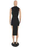 Pink Fashion Sexy Embroidery Slit Hooded Collar Sleeveless Two Pieces