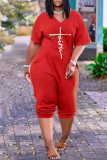 Red Casual Print Patchwork V Neck Loose Rompers