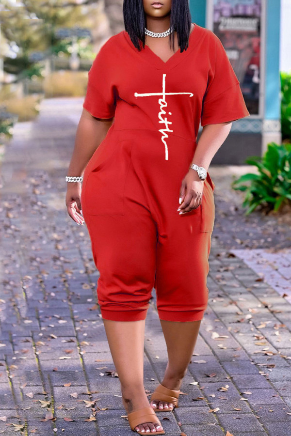 Red Casual Print Patchwork V Neck Loose Rompers