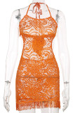 Tangerine Red Sexy Solid Tassel Hollowed Out Patchwork See-through Backless Halter One Step Skirt Dresses